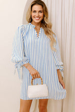 Load image into Gallery viewer, Sky Blue Stripe Knotted Bracelet Sleeve Notched Neck Shift Mini Dress
