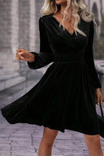 Load image into Gallery viewer, Black Velvet Long Sleeve Surplice High Waist Mini Dress
