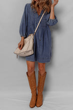 Load image into Gallery viewer, Sail Blue 3/4 Sleeve Tied V Neck Pleated Denim Mini Dress
