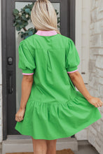 Load image into Gallery viewer, Bright Green Color Block Detail Split Neck Short Puff Sleeve Ruffle Hem Mini Dress
