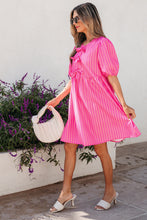 Load image into Gallery viewer, Rose Striped Print Bow Detail Short Puff Sleeve Mini Dress

