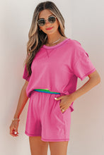 Load image into Gallery viewer, Bright Pink Seam Detail Raw Edge Tee Rainbow Waistband Casual Short Set
