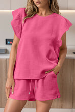 Load image into Gallery viewer, Bonbon Textured Ruffled Sleeve Tee and Drawstring Elastic Waistband Shorts Set
