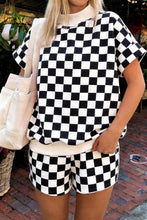 Load image into Gallery viewer, Black Checkered Print Color Block Trim Mock Neck Short Set
