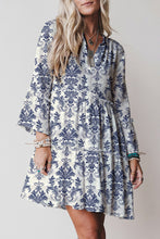 Load image into Gallery viewer, Blue Boho Floral Print Lettuce Trim 3/4 Sleeve Mini Dress
