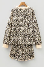 Load image into Gallery viewer, Brown Leopard Print Contrast Trim Long Sleeve Pullover Drawstring Shorts 2pcs Outfit
