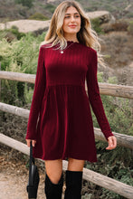 Load image into Gallery viewer, Black Frilled Neck Ribbed Knit Patchwork Long Sleeve Mini Dress

