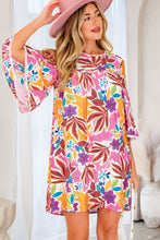 Load image into Gallery viewer, Pink Floral Print Lace Trimmed Tie Back Bell Sleeve Swing Mini Dress
