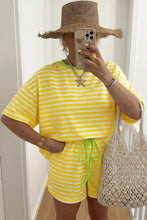 Load image into Gallery viewer, Pink Stripe Contrast Neck Loose Tee and Drawstring Shorts Set
