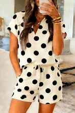 Load image into Gallery viewer, Beige Polka Dot Print V Neck Tee Short Set
