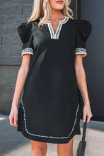 Load image into Gallery viewer, Black Leopard Trim Notched Neck Short Puff Sleeve Shift Mini Dress
