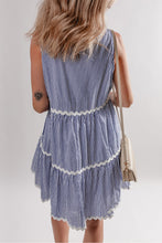 Load image into Gallery viewer, Blue Stripe Sleeveless Notched V Neck Contrast Ric Rac Mini Dress

