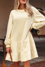Load image into Gallery viewer, Beige Double Tiered Ruffle Hem Long Sleeve Loose Mini Dress
