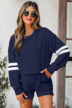 Load image into Gallery viewer, Orange Varsity Striped Sleeve Drop Shoulder Sweatshirt and Short Set
