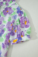 Load image into Gallery viewer, Purple Floral V Collar Short Sleeve Tiered Ruffle Mini Dress
