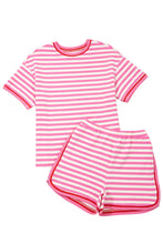 Load image into Gallery viewer, Pink Stripe Contrast Trim Short Sleeve Top Loose Shorts 2pcs Casual Outfit
