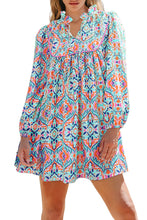 Load image into Gallery viewer, Khaki Abstract Printed Long Sleeve Tied Neckline Mini Dress
