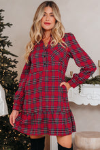 Load image into Gallery viewer, Red Plaid Shirt Collar Half Button Ruffle Hem Long Sleeve Mini Dress
