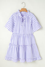 Load image into Gallery viewer, Lavendula Plaid Ruffle Wide Short Sleeve Babydoll Mini Dress
