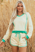 Load image into Gallery viewer, White Contrast Trim Colorblock Long Sleeve Pullover and Drawstring Shorts 2pcs Outfit
