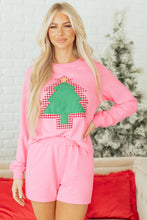Load image into Gallery viewer, Sachet Pink Plaid Contrasted Double Christmas Tree Patched Raglan Sleeve Pullover 2pcs Short Set
