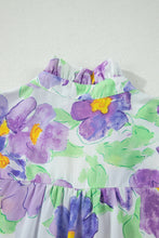 Load image into Gallery viewer, Purple Floral V Collar Short Sleeve Tiered Ruffle Mini Dress
