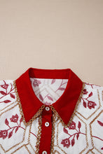 Load image into Gallery viewer, Red Geometric Floral Print Lace Trim Collared Short Sleeve Mini Dress
