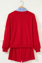 Load image into Gallery viewer, Racing Red Striped Collar Patchwork Satin Bow Sweatshirt and Shorts Set
