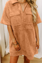 Load image into Gallery viewer, Thai Curry Collared V Neck Faux Suede Short Sleeve Shift Mini Dress
