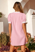 Load image into Gallery viewer, Light Pink Scallop Color Block Trim Puff Sleeve Mini Dress
