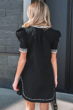 Load image into Gallery viewer, Black Leopard Trim Notched Neck Short Puff Sleeve Shift Mini Dress
