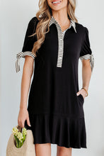 Load image into Gallery viewer, Black Stripe Detail Polo Collar Half Buttons Tied Short Sleeve Shift Mini Dress
