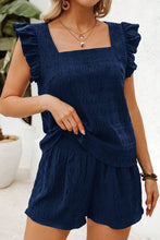 Load image into Gallery viewer, Black Textured Square Neck Top and Shirred High Waist Shorts Set
