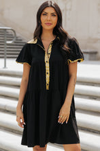 Load image into Gallery viewer, Black Sequin Trim Bubble Sleeve Game Day Shirt Dress
