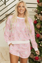 Load image into Gallery viewer, Pink Christmas Tree Nutcracker Doll Print Contrast Trim Long Sleeve Top Matching Shorts Set
