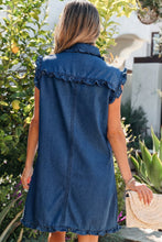 Load image into Gallery viewer, Sail Blue Ruffled Edge Collared Shift Denim Dress with Pockets
