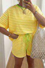 Load image into Gallery viewer, Pink Stripe Contrast Neck Loose Tee and Drawstring Shorts Set
