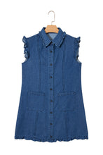 Load image into Gallery viewer, Sail Blue Ruffled Edge Collared Shift Denim Dress with Pockets
