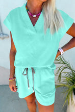 Load image into Gallery viewer, Sachet Pink V Neck Short Sleeve Top Drawstring Shorts 2pcs Set
