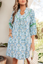 Load image into Gallery viewer, Sky Blue Boho Paisley Print Contrasted Patchwork Detail Bracelet Sleeve Loose Mini Dress
