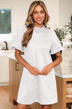 Load image into Gallery viewer, Moss Green Frilled Round Neck Short Puff Sleeve Shift Mini Dress
