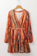 Load image into Gallery viewer, Orange Boho Paisley Print Long Sleeve Pleated Belted Mini Dress
