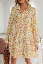 Load image into Gallery viewer, Yellow Floral Print Frilly Trim Smocked Cuff Long Sleeve Loose Shirt Dress

