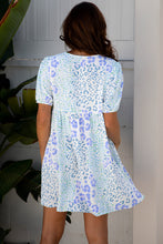 Load image into Gallery viewer, Sky Blue Leopard Contrast Bow Puff Sleeve Mini Dress
