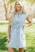 Load image into Gallery viewer, Sky Blue Stripe Collared Button Front Sleeveless Denim Mini Dress
