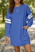 Load image into Gallery viewer, Tillandsia Purple Varsity Contrast Banded Sleeve Shift Sweatshirt Dress
