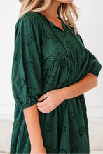 Load image into Gallery viewer, Blackish Green Embroidered Eyelet Pattern 3/4 Puffy Sleeve Swing Mini Dress

