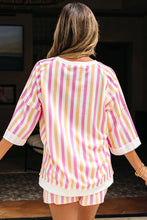Load image into Gallery viewer, Pink Stripe Drop Shoulder Half Sleeve Loose Tee and Shorts Casual Set
