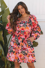 Load image into Gallery viewer, Pink Bohemian Square Neck Puff Sleeve Mini Dress

