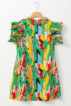 Load image into Gallery viewer, Green Abstract Print Frilled Neck Ruffled Sleeve Mini Dress

